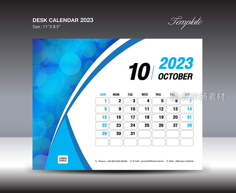 2023年十月模板- 2023年台历模板，2023年挂历，每周开始周日，记事本设计，文具设计，传单设计，印刷媒体，蓝色曲线背景矢量